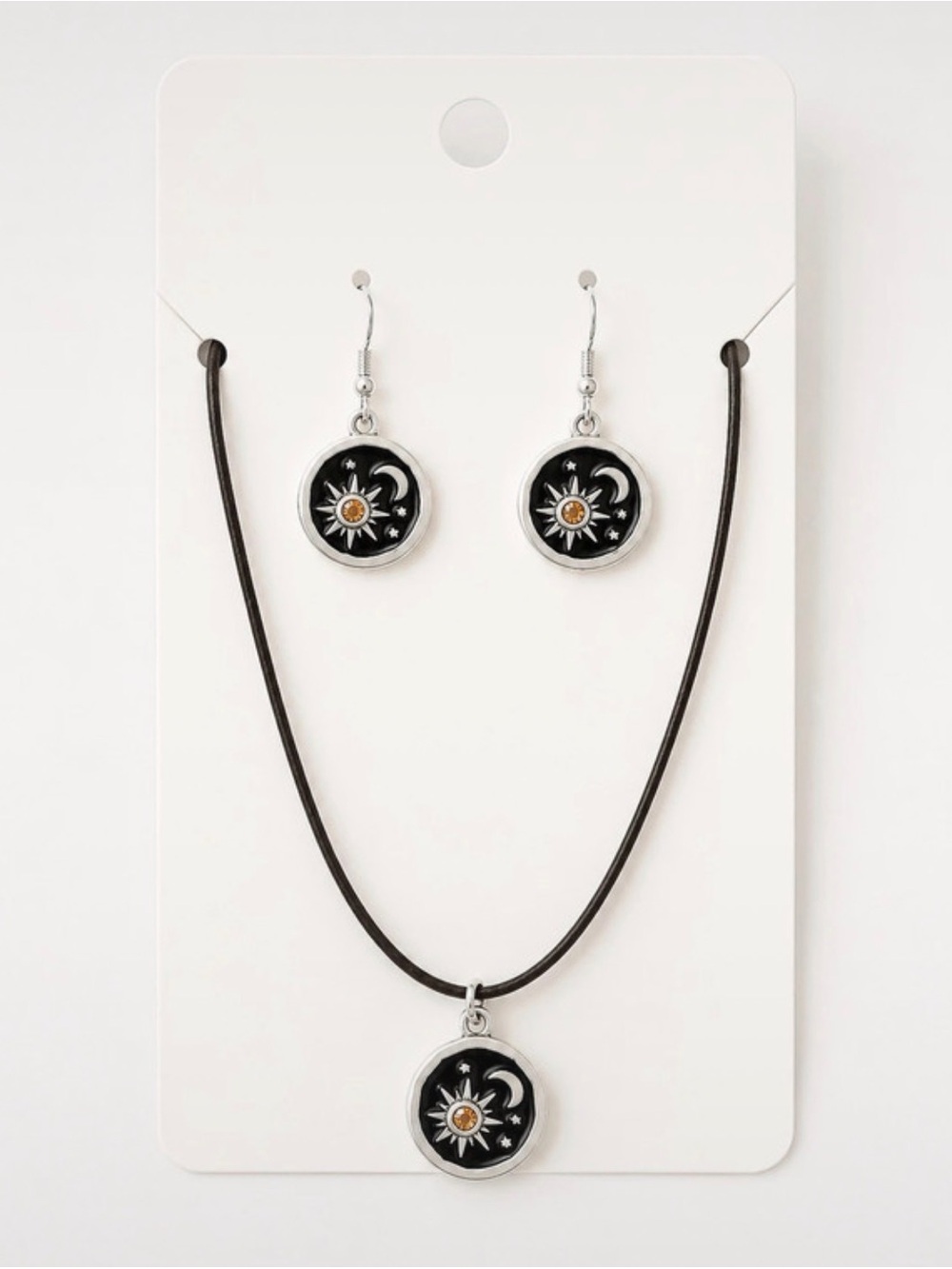 Black Sun & Crescent Pendant Necklace and Earring Set